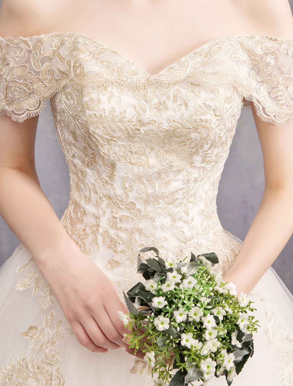 Princess Wedding Dress Ivory Lace Applique Off The Shoulder Short Sleeve Bridal Gown-newarrivaldress