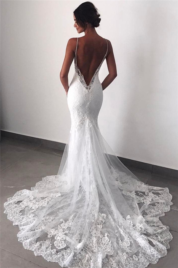 Backless Wedding Dresses Lace Mermaid|Sexy Spaghetti Straps Bridal Gowns