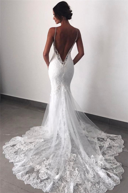 Backless Wedding Dresses Lace Mermaid|Sexy Spaghetti Straps Bridal Gowns