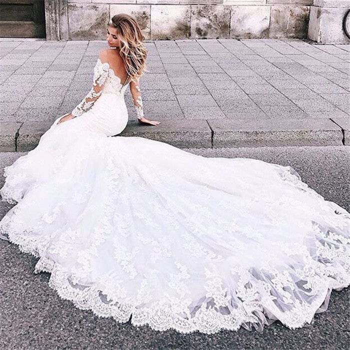 Mermaid Tulle Lace Appliques Sexy Off The Shoulder Long Sleeve Wedding Dresses-newarrivaldress