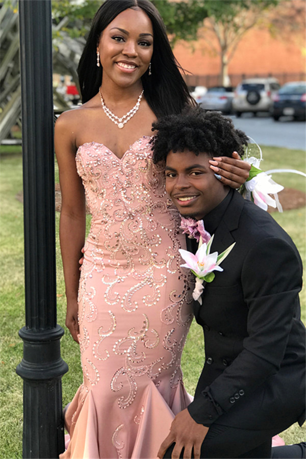 Gorgeous Pink Mermaid Strapless Ruffles Crystal Prom Dresses-newarrivaldress