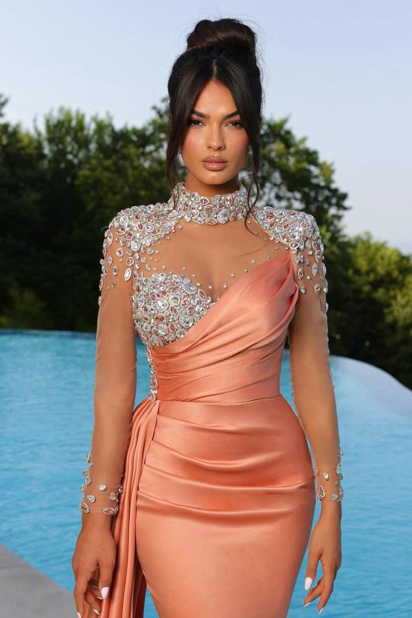 Sexy High Neck Crystals Satin Mermaid Prom Dress Long Sleeves Evening Dress with Sweep Train-newarrivaldress