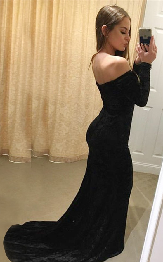 Charming Long Sleeves Off-the-Shoulder V-Neck Mermaid Prom Dress-newarrivaldress