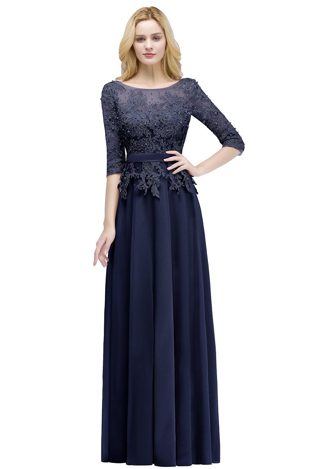 PAMELA | A-line Floor Length Half Sleeves Appliques Bridesmaid Dresses with Sash-newarrivaldress