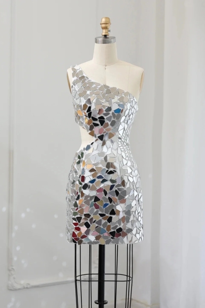 Sparkly Sequins One Shoulder Mirror Short Homecoming Dress-newarrivaldress