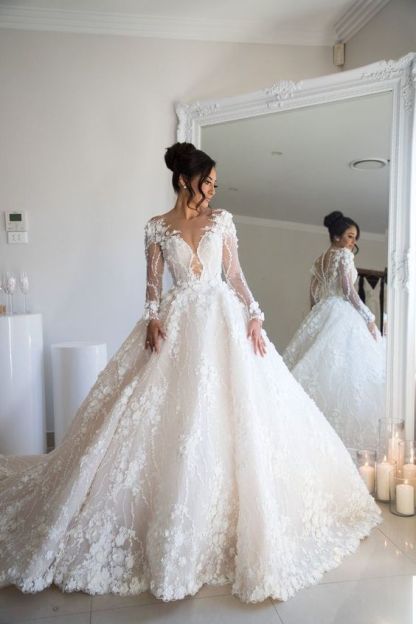 Gorgeous Long Sweetheart Tulle Lace A-line Wedding Dress with Sleeves-newarrivaldress