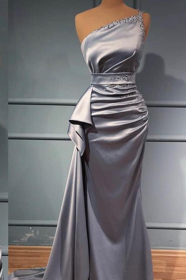 Charming One Shoulder Silver Satin Mermaid Prom Dress Beadings-newarrivaldress