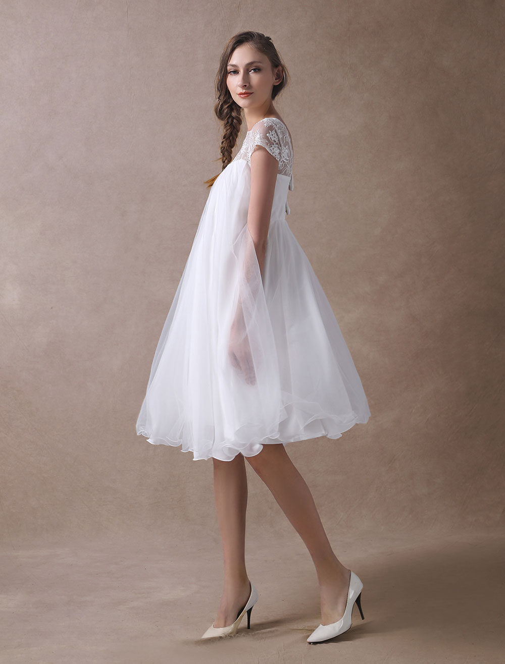 Simple Wedding Dresses Short Empire Waist Lace Tulle Cap Sleeve Pregnant Bridal Dress Exclusive-newarrivaldress
