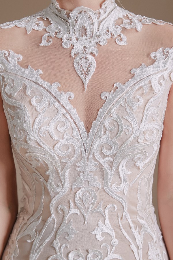 Cap Sleeves Mermaid Wedding Dress High Neck Floral Lace Bidal Dress-newarrivaldress