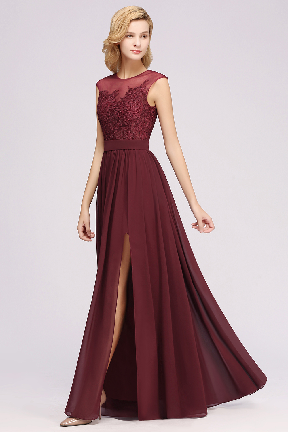 A-line Chiffon Lace Jewel Sleeveless Floor-Length Bridesmaid Dresses with Appliques-newarrivaldress