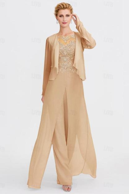 Scoop Neck Chiffon Three Pieces Mother of the Bride Jumpsuits with Lace Appliques-newarrivaldress