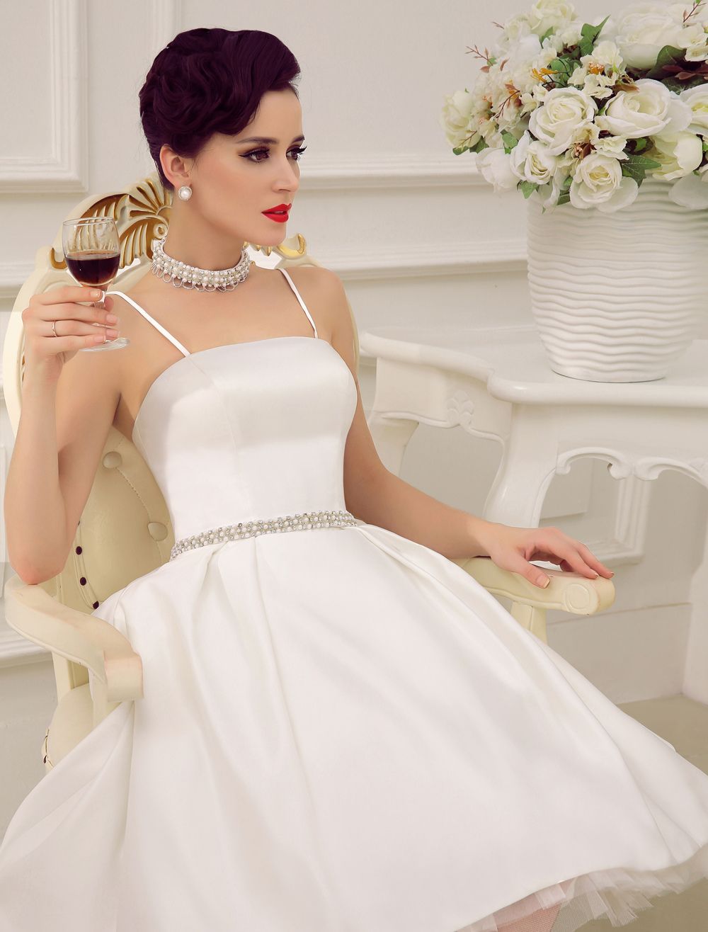 Vintage Spaghetti Straps Backless Satin Short Wedding Dress With Pearls At Waist Exclusive-newarrivaldress