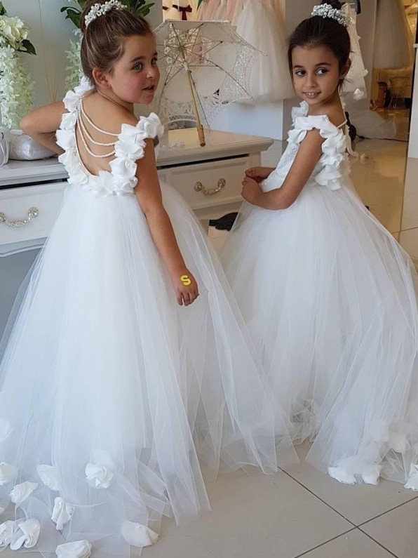 Cute Tulle Appliques Backless Flower Girl Dresses with Pearls-newarrivaldress