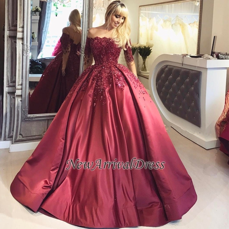 Appliques Long-Sleeves Burgundy Crystal Ball Off-the-Shoulder Prom Dresses-newarrivaldress