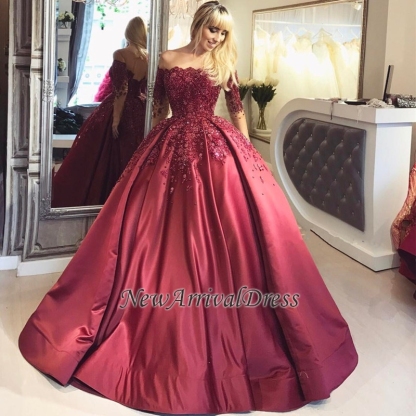 Appliques Long-Sleeves Burgundy Crystal Ball Off-the-Shoulder Prom Dresses-newarrivaldress