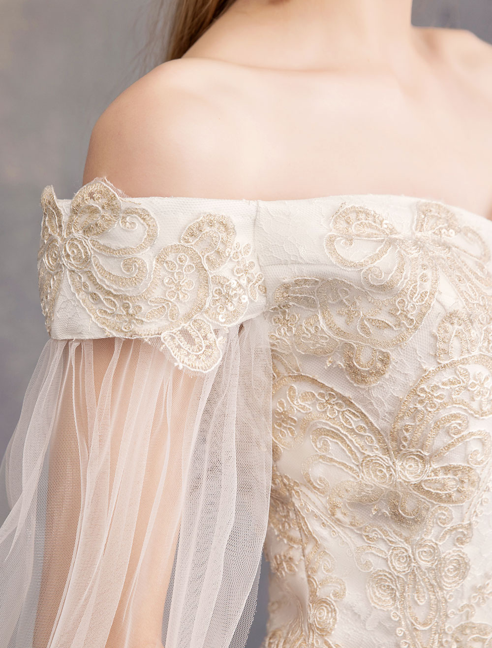 Wedding Dresses Tulle Off-The-Shoulder Short Sleeve Lace Applique Princess Bridal Gown