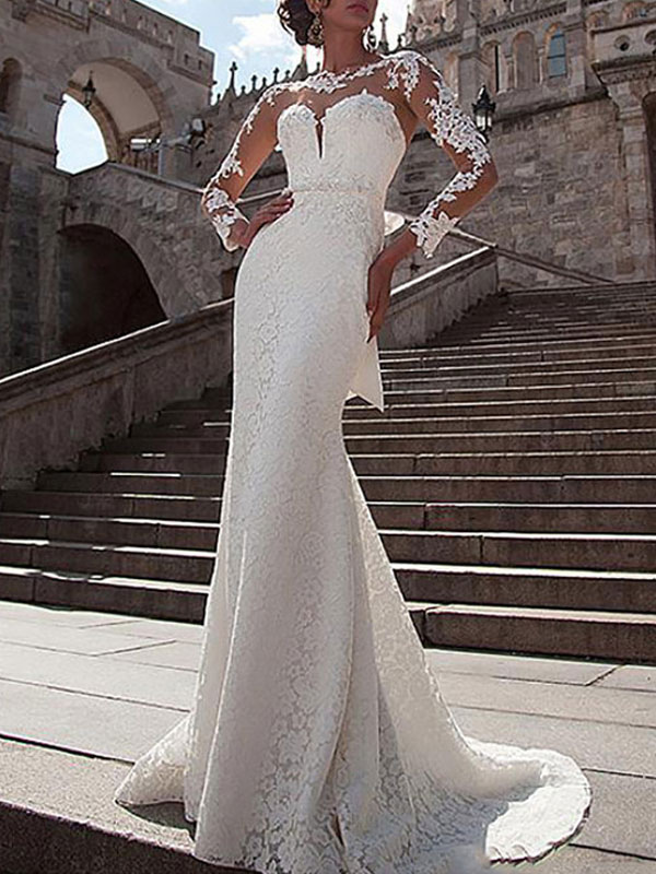 Wedding Dress Lace Illusion Neck Long Sleeves Mermaid Bridal Gowns With Court Train-newarrivaldress