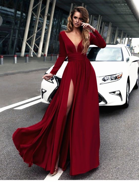 Sexy Red Long Sleeve V-neck Prom Dress | Front Split Evening Gown-newarrivaldress