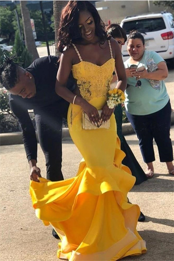Sexy Stpaghetti-Straps Ruffles Mermaid Prom Dresses | Open-Back Appliques Sleeveless Evening Gowns-newarrivaldress