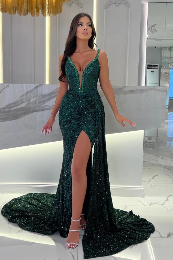 Charming Deep V-Neck Glitter Sequins Dark Green Long Mermaid Prom Dress with Sweep Train-newarrivaldress