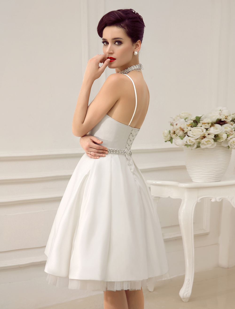 Vintage Spaghetti Straps Backless Satin Short Wedding Dress With Pearls At Waist Exclusive-newarrivaldress
