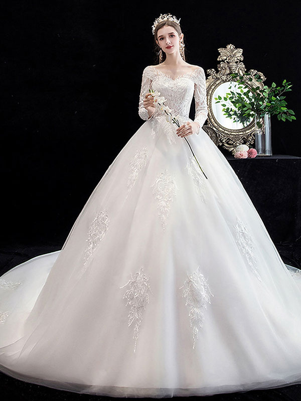 White Wedding Dress Ball Gown Cathedral Train Jewel Neck 3/4 Length Sleeves Natural Waist Applique Satin Fabric Bridal Dresses-newarrivaldress