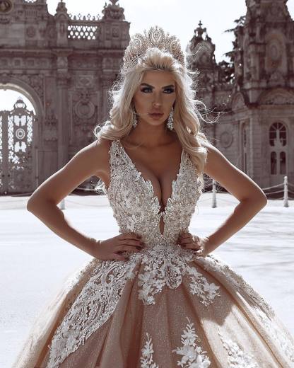 Sexy Deep V-Neck Ball Gown Wedding Dresses | Sleeveless Appliques Bridal Gowns-newarrivaldress