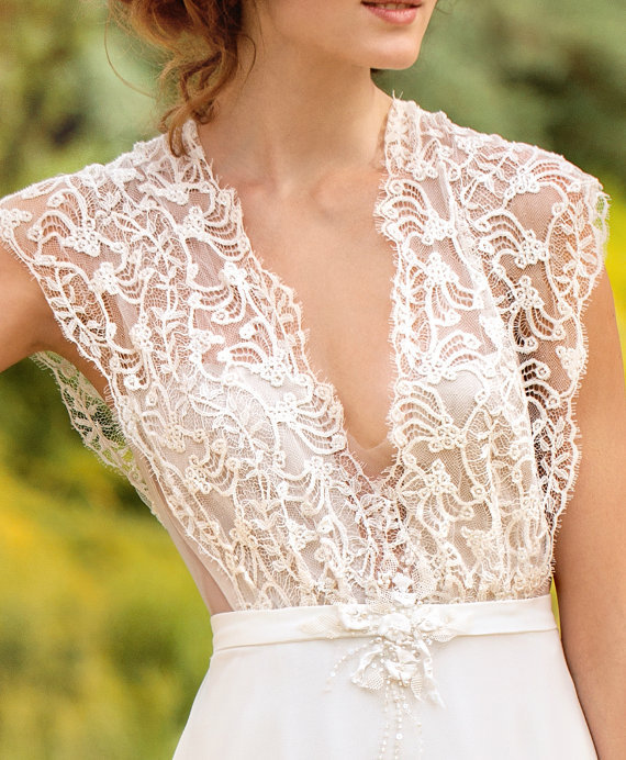 Sleeveless V-neck Lace Wedding Dresses | Chiffon Backless Simple Bridal Gowns