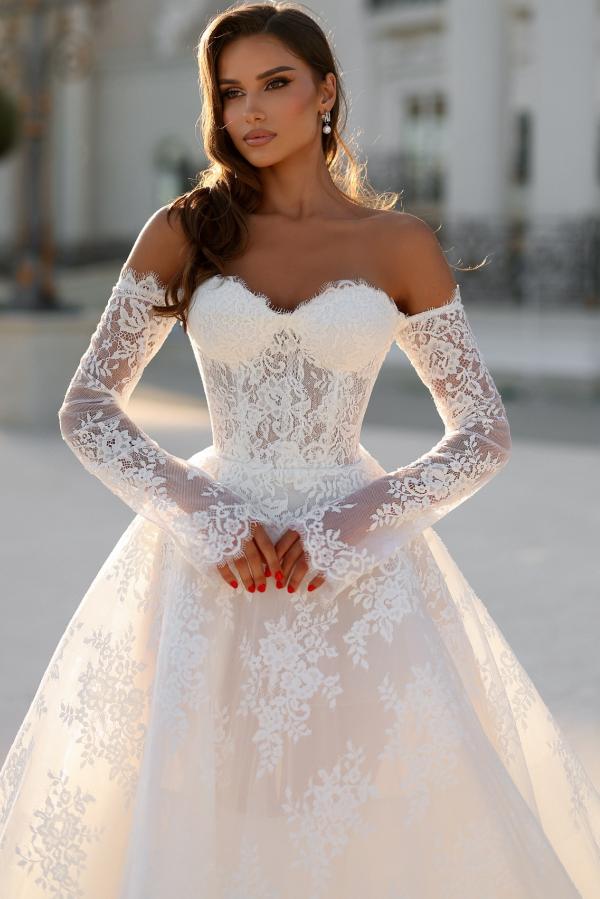 Off Shoulder Long Sleeves Aline Wedding Dresses Sweetheart Floral Lace Bridal Dress with Chapel Train-newarrivaldress