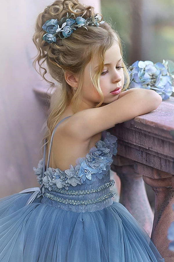 Straps Blue Ruffles Puffy Princess Flower Girl Dresses-newarrivaldress