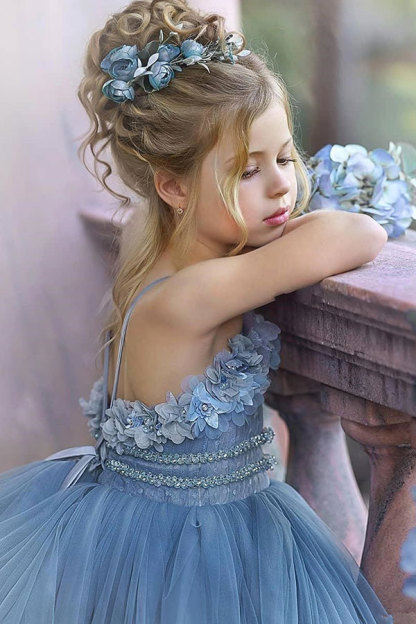 Straps Blue Ruffles Puffy Princess Flower Girl Dresses-newarrivaldress