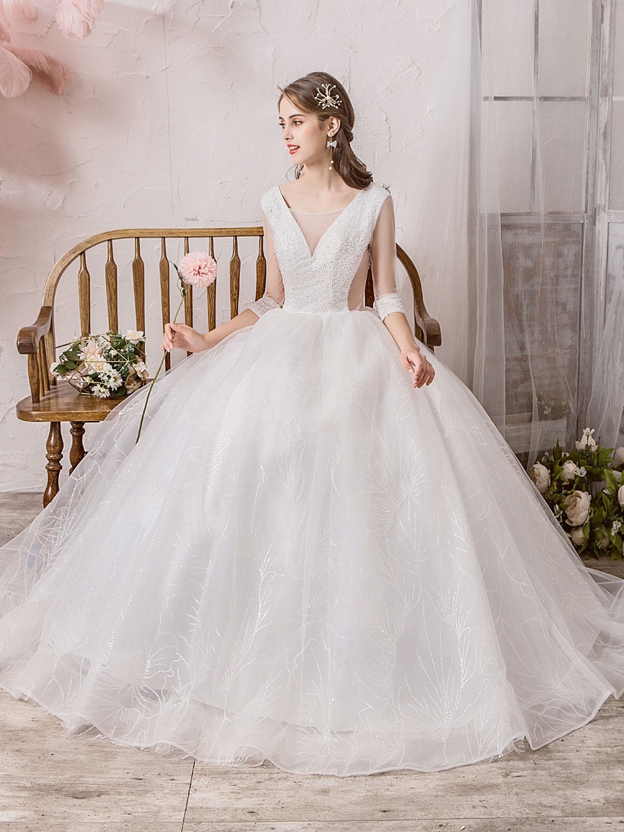 Wedding Dress Princess Silhouette Floor Length V Neck Sleeveless Natural Waist Beaded Lycra Spandex Bridal Gowns-newarrivaldress