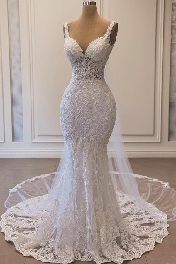 V-Neck White Lace Mermaid Wedding Dress Sleeveless Garden Bridal Dress with Sweep Train-newarrivaldress