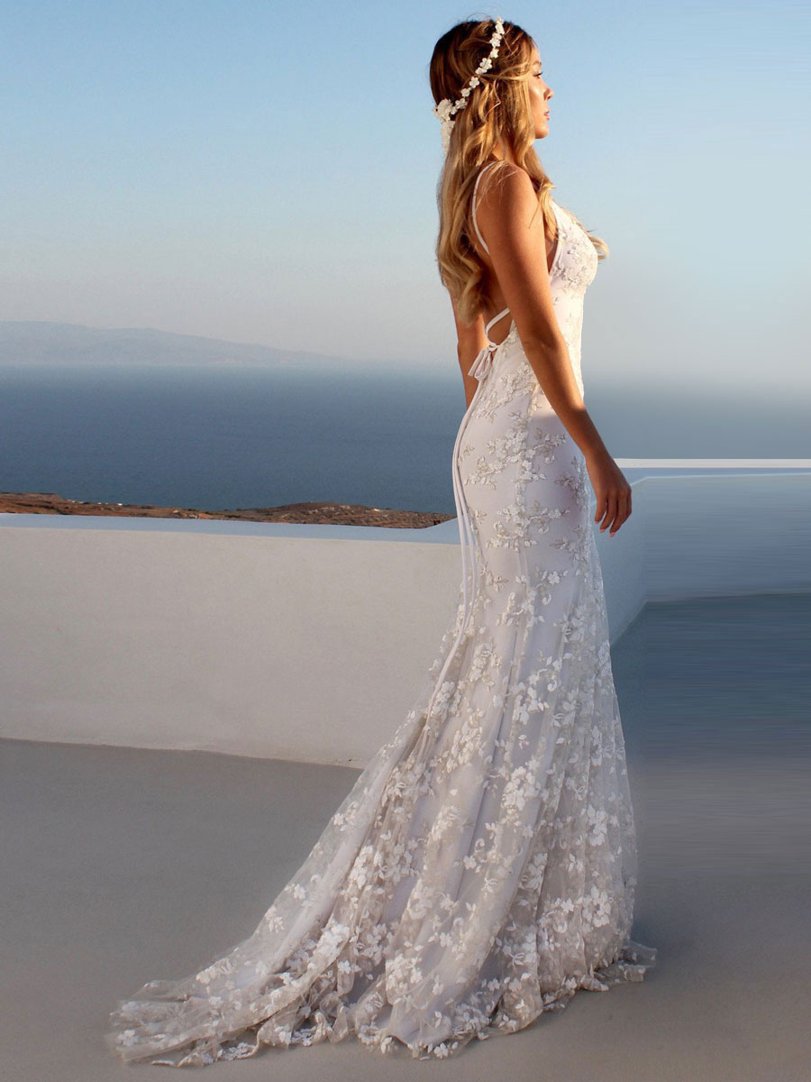 Sexy Mermaid Wedding Dress White V-Neck Backless Lace Bridal Dresses-newarrivaldress