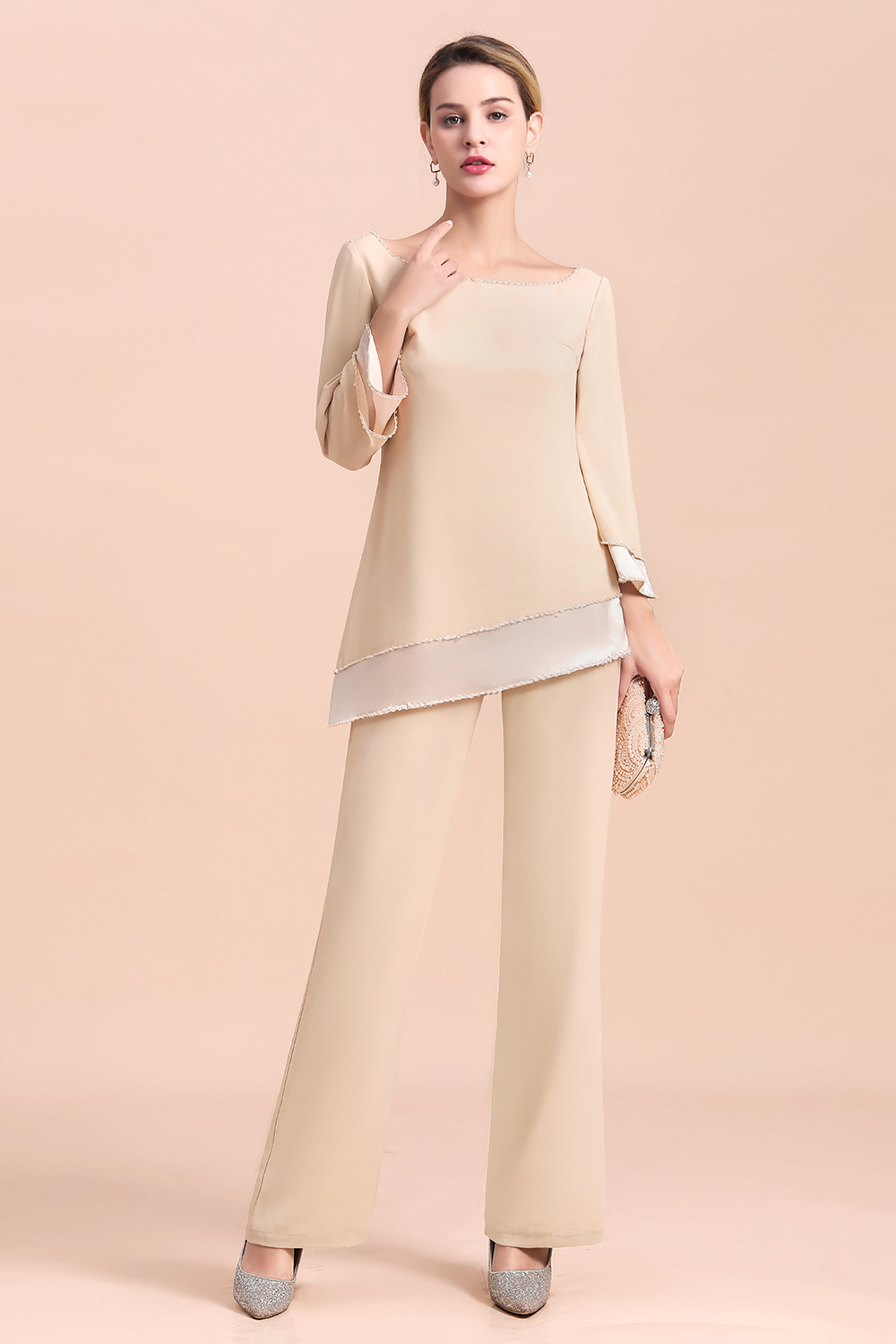 Chic Round-Neck Champagne Chiffon Mother of Bride Jumpsuit-newarrivaldress
