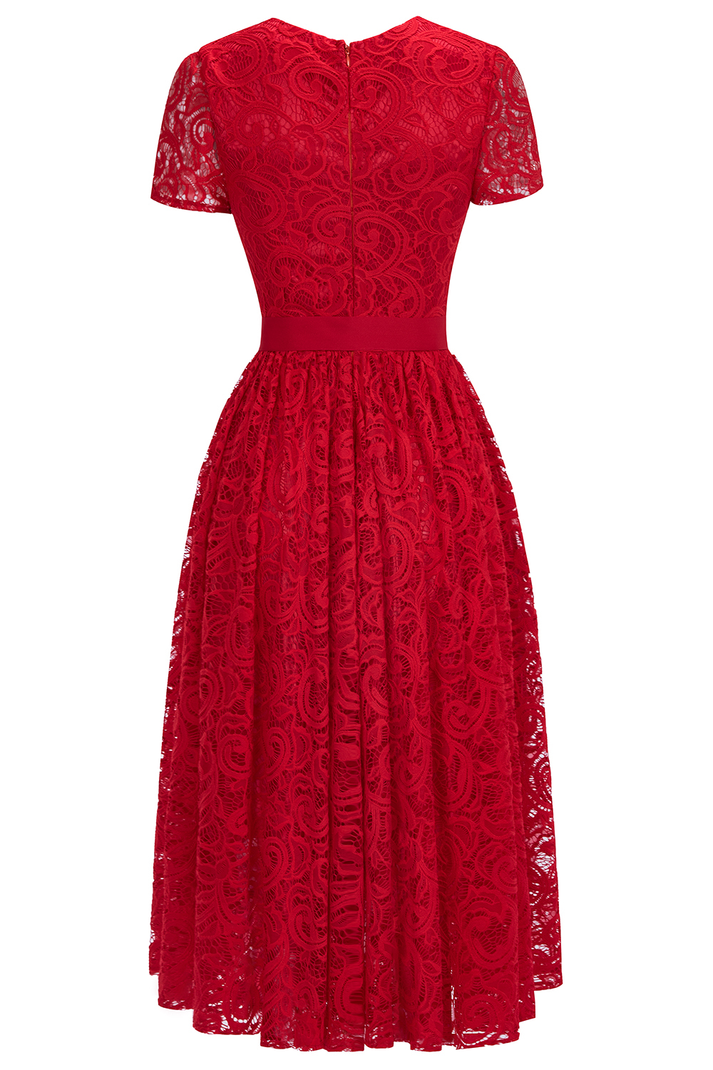 Short Sleeves Seath Red Lace Dresses with Ribbon Bow-newarrivaldress