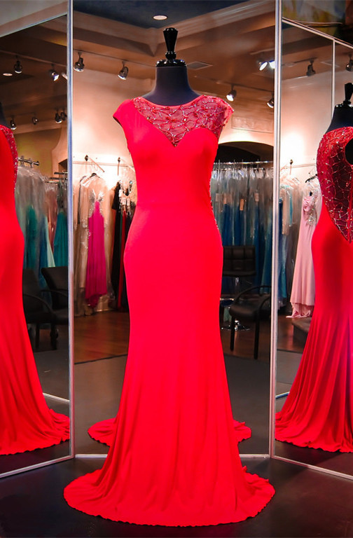 Newest Red BeadingEvening Dress Cap Sleeve Mermaid Sweep Train-newarrivaldress