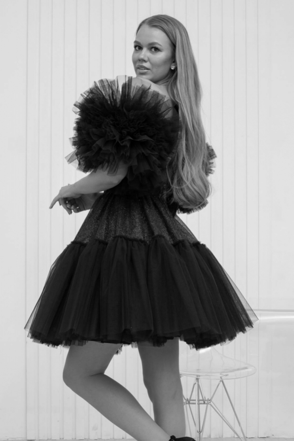 Black Puff Sleeves Strapless Short Party Dress A-line Knee Length Prom Dress-newarrivaldress