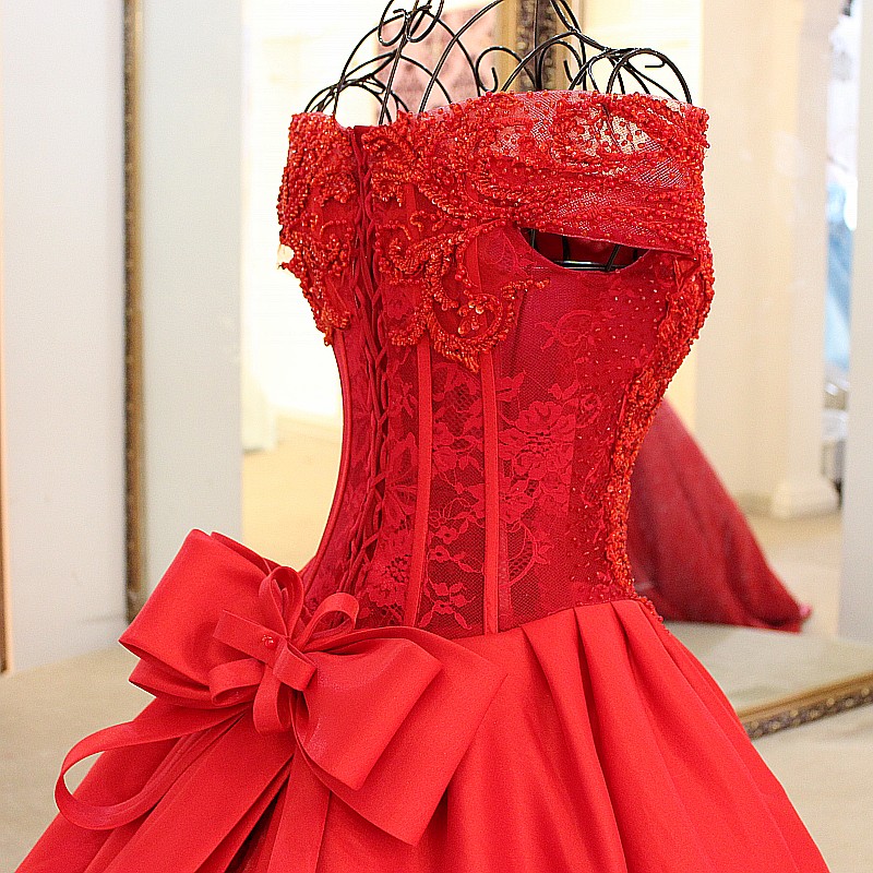Red Off-the-shoulder Bow Lace-up V-neck Floor Length Evening gown with appliques-newarrivaldress
