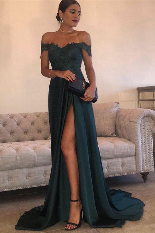 Long Lace Off-the-Shoulder Floor-Length Split Elegant Evening Dress-newarrivaldress