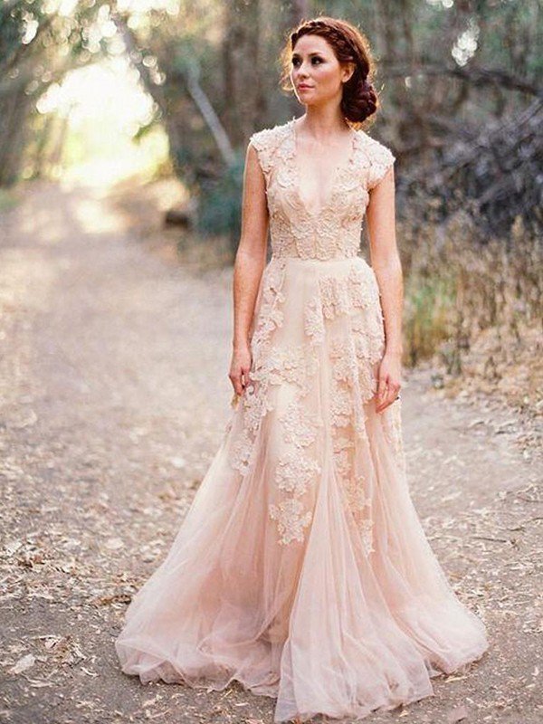 Tulle A-Line Sweep Train Bridal Gowns with Appliques | Sexy Sleeveless V-neck Wedding Dresses
