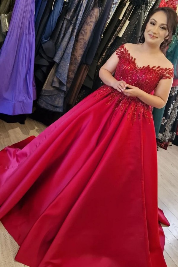 Stylish Red Off-the-Shoulder Ball Gown Glitter Appliques Satin Evening Dress-newarrivaldress