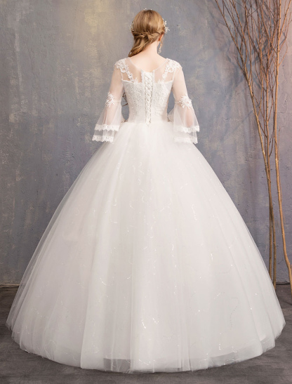 Ball Gown Wedding Dresses Tulle Jewel 3/4 Length Sleeve Floor Length Princess Bridal Gown-newarrivaldress