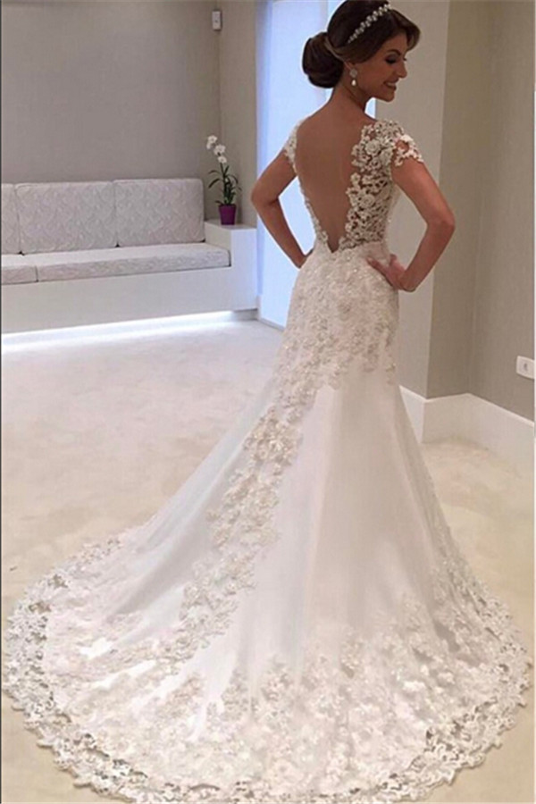 Cap Sleeve Lace Appliques Wedding Dresses | Sheath Elegant Bridal Gowns Online-newarrivaldress