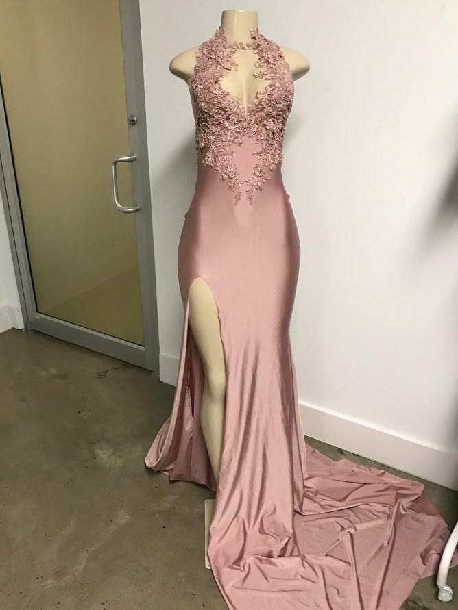 Pink Sleeveless Front Slit Appliques Mermaid Long Prom Dresses-newarrivaldress