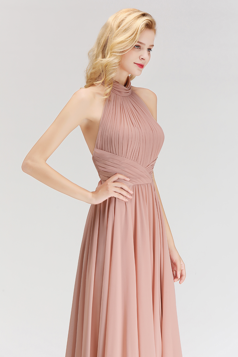 NORAH | A-line Floor Length Halter Ruffled Chiffon Bridesmaid Dresses-newarrivaldress
