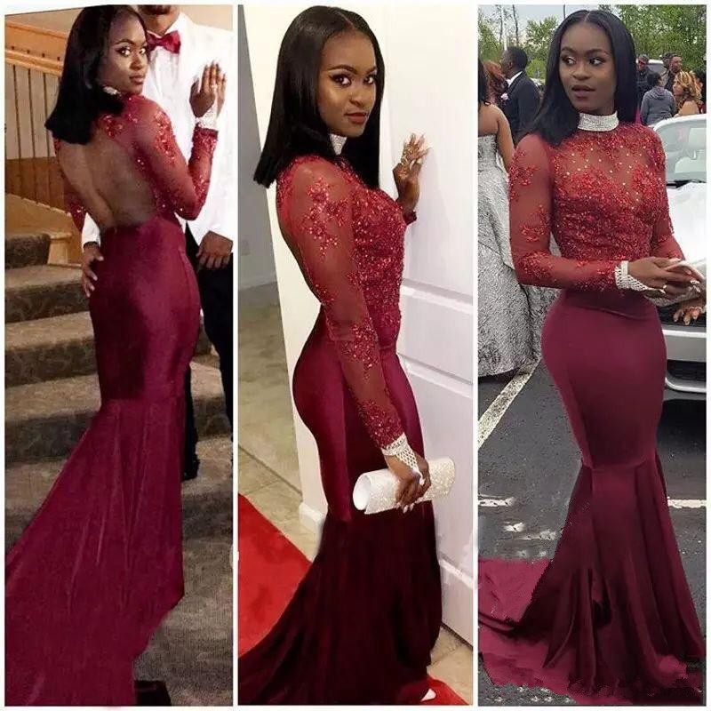 Burgundy Long-Sleeve Mermaid Prom Dress |Lace Formal Dress-newarrivaldress