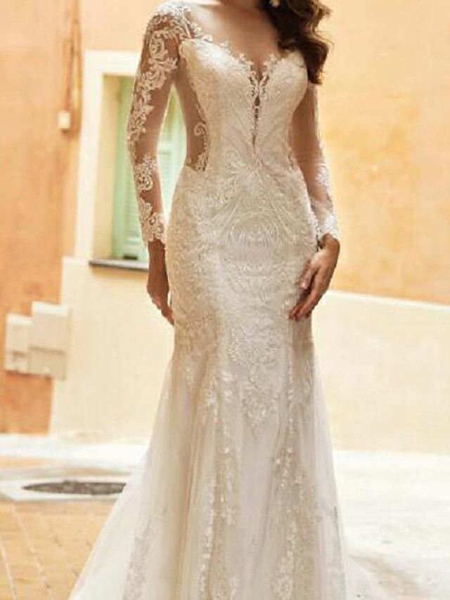 Elegant Long Sleeves Tulle Lace Mermaid Bridal Dress with Sweep/Trumpt Train-newarrivaldress