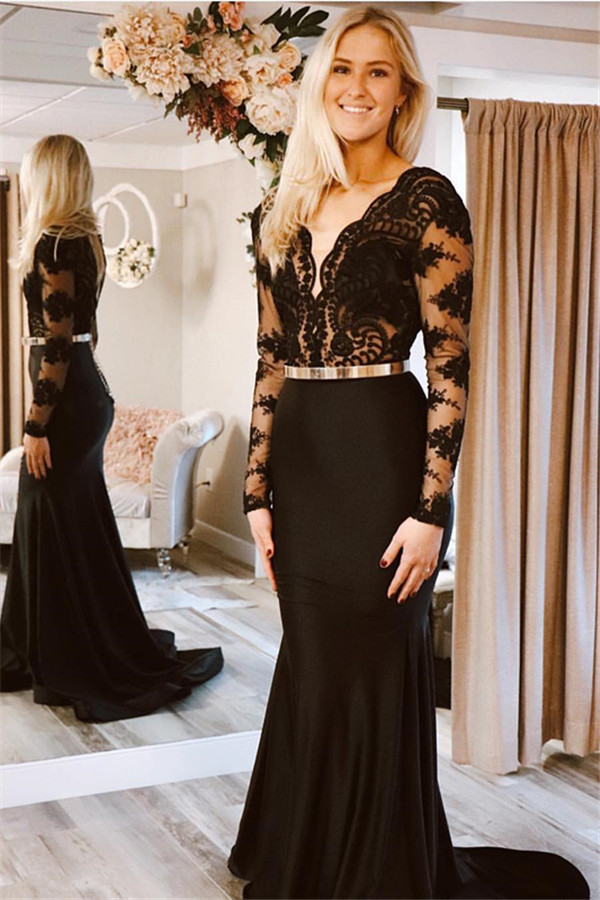Glamorous Black Lone-Sleeves Lace Applique Long Sexy Mermaid Prom Dresses-newarrivaldress
