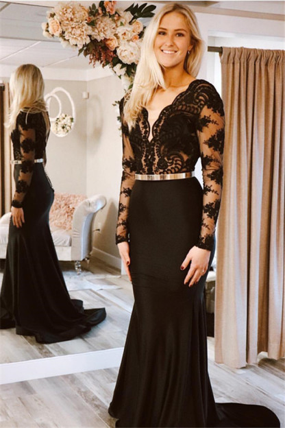 Glamorous Black Lone-Sleeves Lace Applique Long Sexy Mermaid Prom Dresses-newarrivaldress